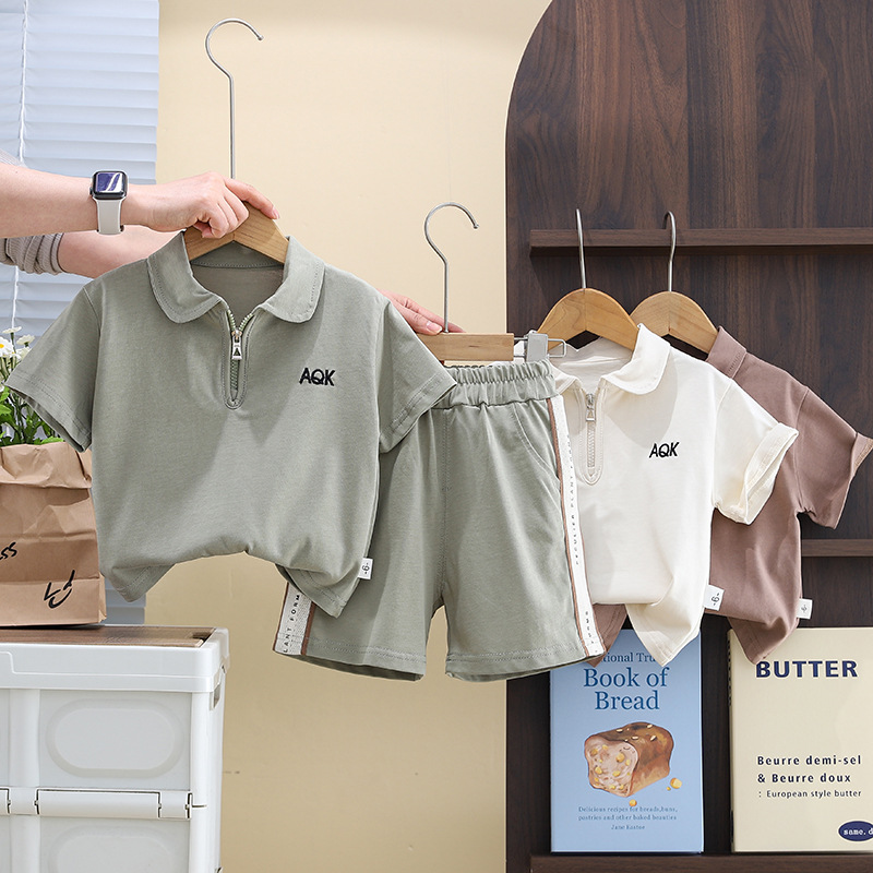 Children's Fashion Boys Summer New Short-sleeved Shorts T-shirt Children's Wear Boys Solid Color Lel Polo Shirt suit