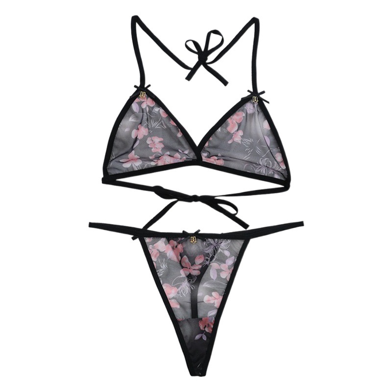 A generation of hair printed underwear set comfortable soft mesh perspective sexy gathered cross strap 661-AB
