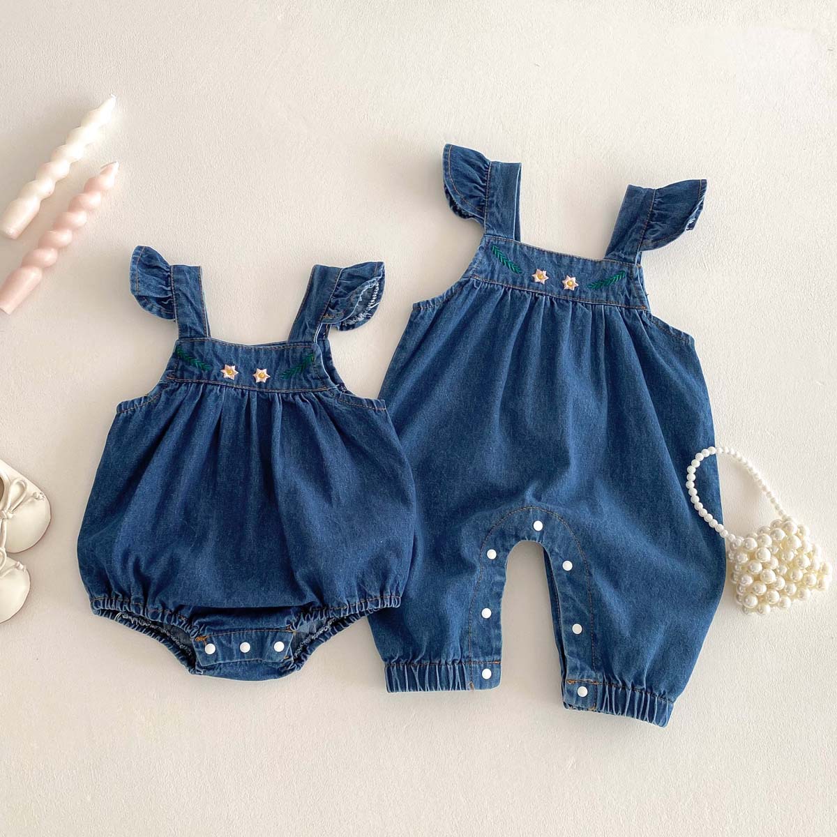 Korean Style Baby Spring and Autumn New Embroidered Strap Bag Fat Clothes for Women Baby Stylisch Flying Sleeve Denim Strap Pants Thumpsuit