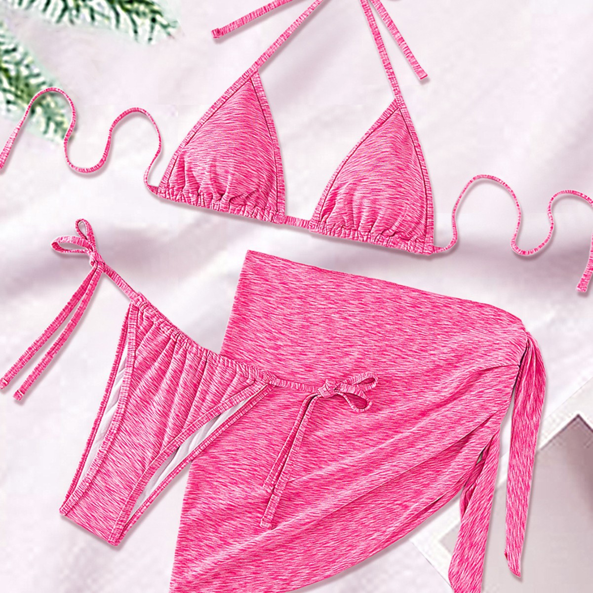 Cross-border Amazon Europe and America Pink Three-piece Swimwear Backless Lace-up Bikini Skirt Women's Beach Wear New