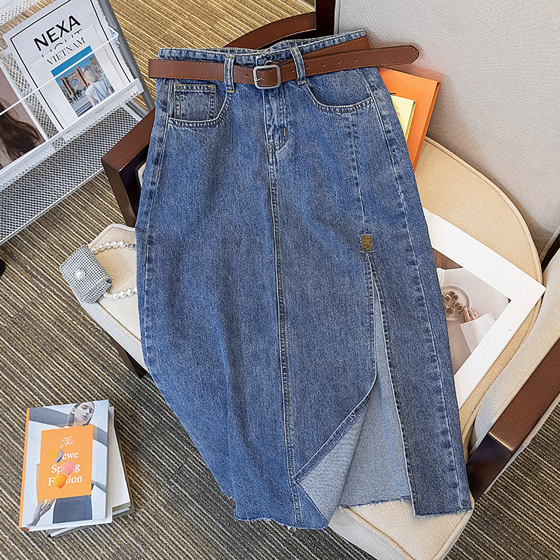 2023 Summer New Style Split Denim Skirt Women's High Waist Slimming Hip All-Match Mid-Length Skirt A- Line Skirt