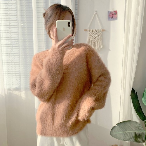 Picture of Mink Hair Imitation Mink Cashmere Sweater Women's Autumn and Winter Thickened Pullover Winter Loose Lazy Style Mohair V-Neck Top