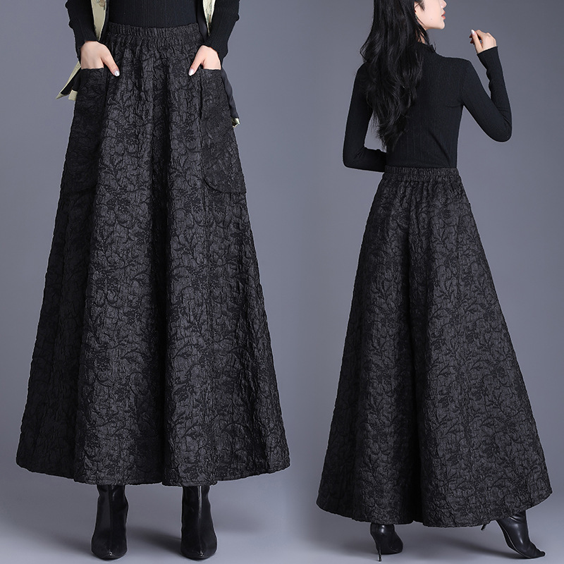 Picture of Real Shot of National Style Embossed Jacquard Wide-Leg Pants for Women in Autumn and Winter New Large Size Slimming Look Large Hem Umbrella Culottes Casual Boot Pants