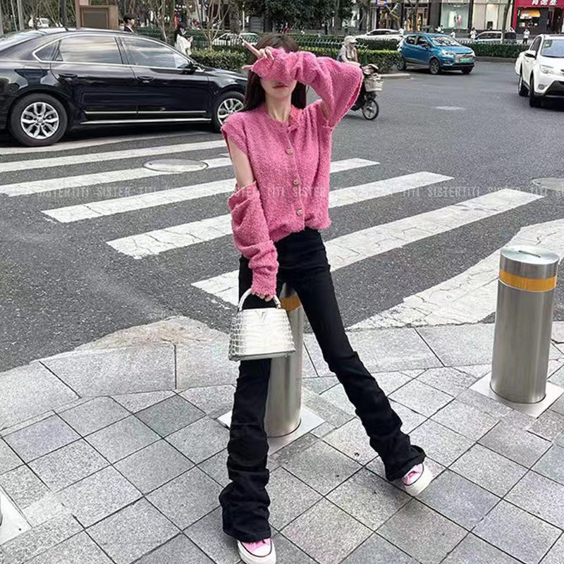 Autumn and Winter vibe Style Black Stretch Legs Slim-fit Hot Girls Slim Pleated High Waist Trailing Horn Denim Pants Women