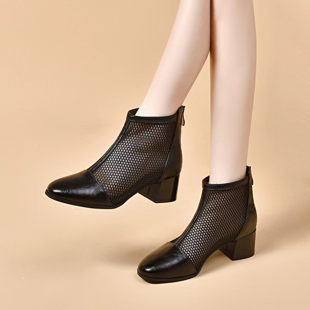 Mesh Shoes Women's 2024 Spring and Summer New European and American Style Fishing Net Shoes Round Toe Thick Heel High Heels Fashionable Rear Zipper Ankle Boots