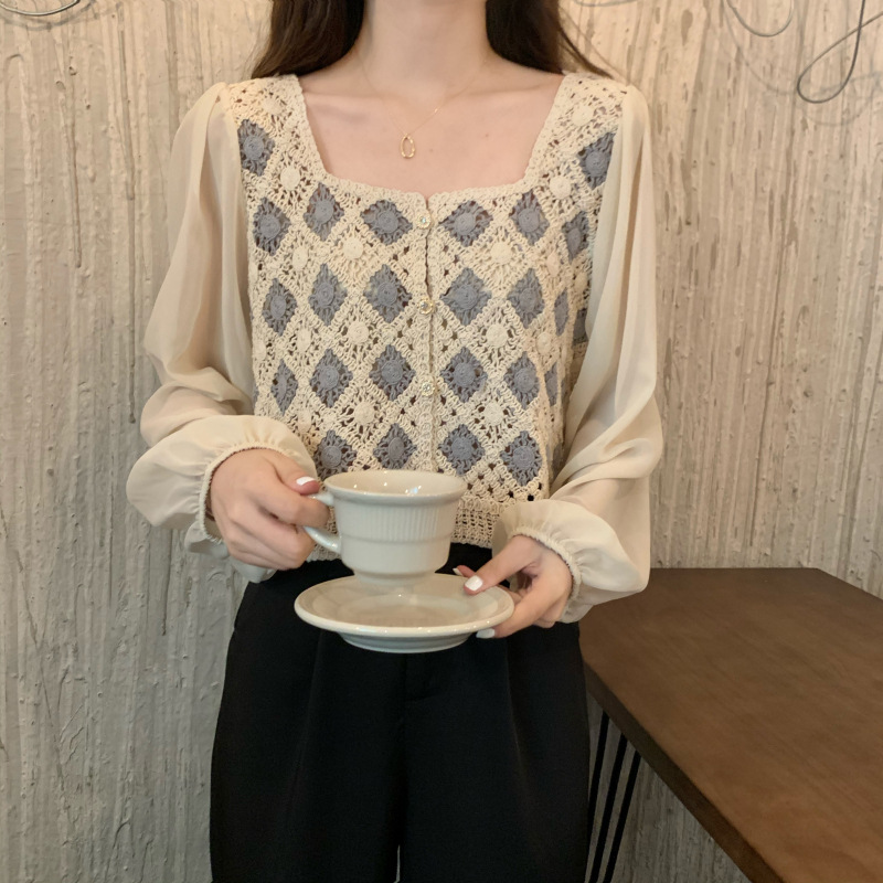 Picture of Spring New Western Style Design Wooden Buckle Breasted Lantern Sleeve Shirt Loose Long Sleeve Embroidered Jacket