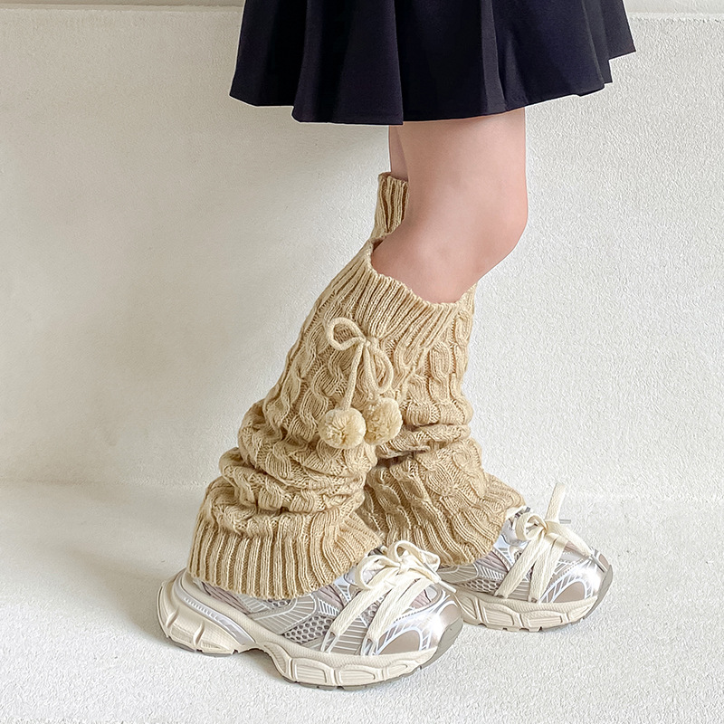 Picture of Children's Socks Autumn and Winter Fur Ball Long Tube Stacked Socks Lolita Vintage brown Thickened Warm Twist Leg Cover