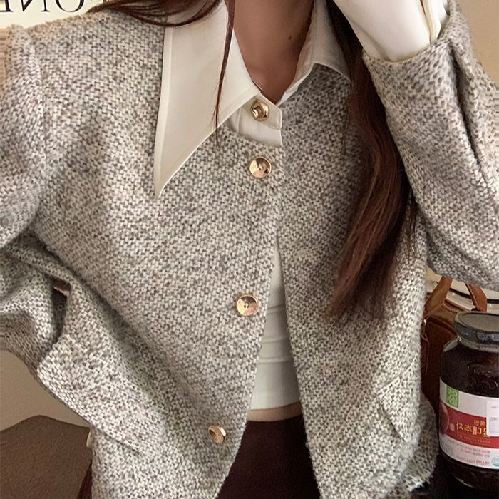 Chanel-style jacket, spring-autumn polo collar, 2025 new short jacket, short short tweed top, elegant tweed top
