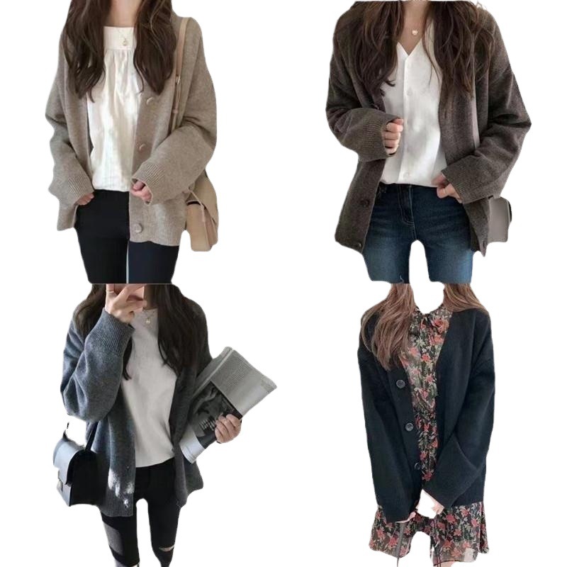 Picture of 2025 Spring & Fall New Loose Long-Sleeved Top Lazy Style Soft Waxy V Neck Knitted Cardigan Jacket Outer Sweater for Women