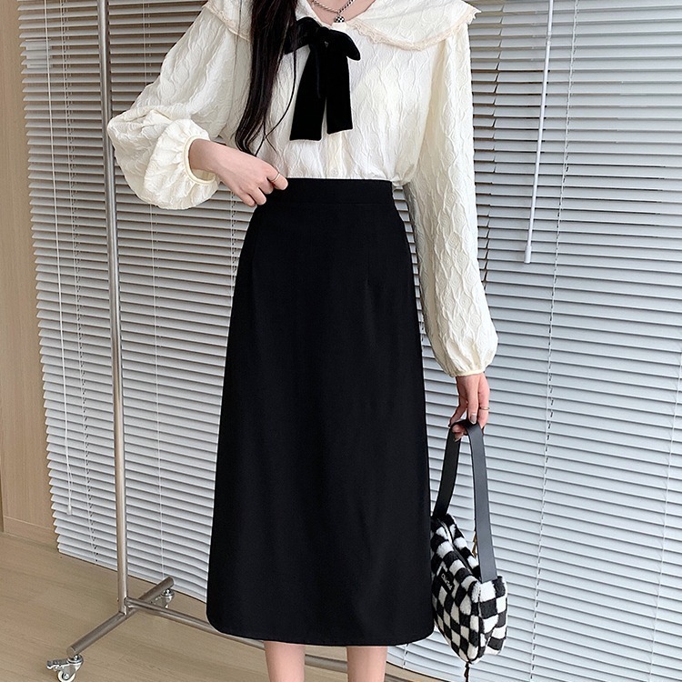 20 Hepburn Wind Pear A- line Skirt Black Skirt Women's 23 Cover Split Hip Skirt Slimming Mid-length Hip Figure
