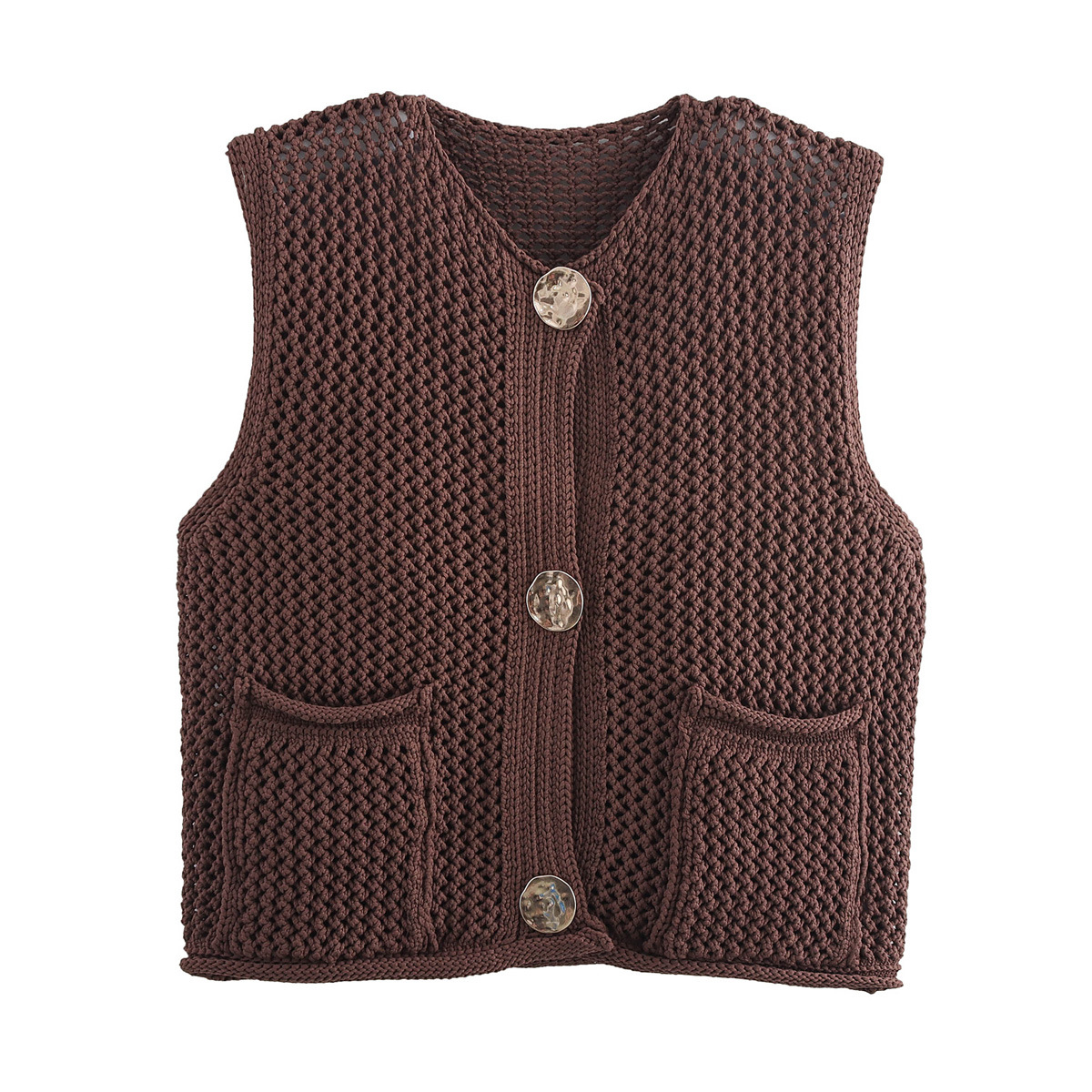 Picture of Women's Solid Color Fashion Hook Needle Hollow Single Breasted Vest 2024 Autumn and Winter New European and American Cross-border Wool Vest