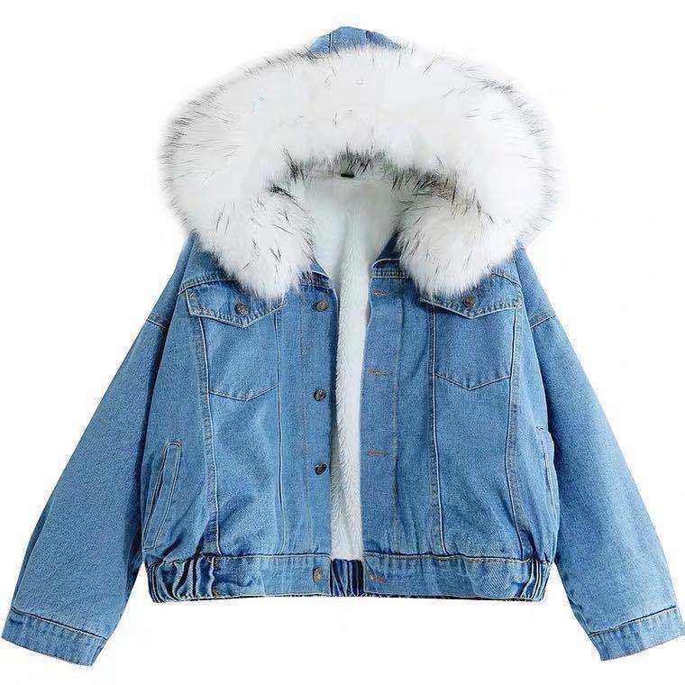 Picture of 2025 Autumn and Winter New Denim Jacket Women's Korean Style Loose Female Student Plus Velvet Thickened Large Fur Collar Hooded Jacket Women