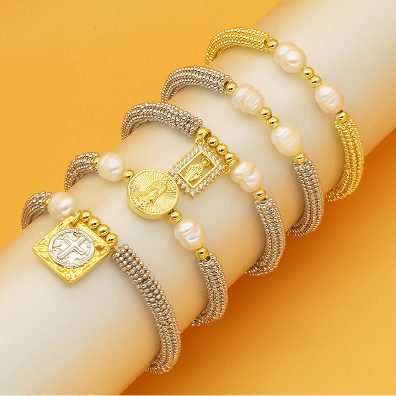 European and American Cross-Border Xiyin Hot-Selling Cross Virgin Mary Pendant Bracelet Women's Snowflake Pearl Elastic Bracelet