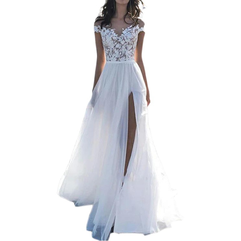 Light wedding 2023 New Elegant sexy lace off-shoulder slimming A- word small tail wedding dress wholesale