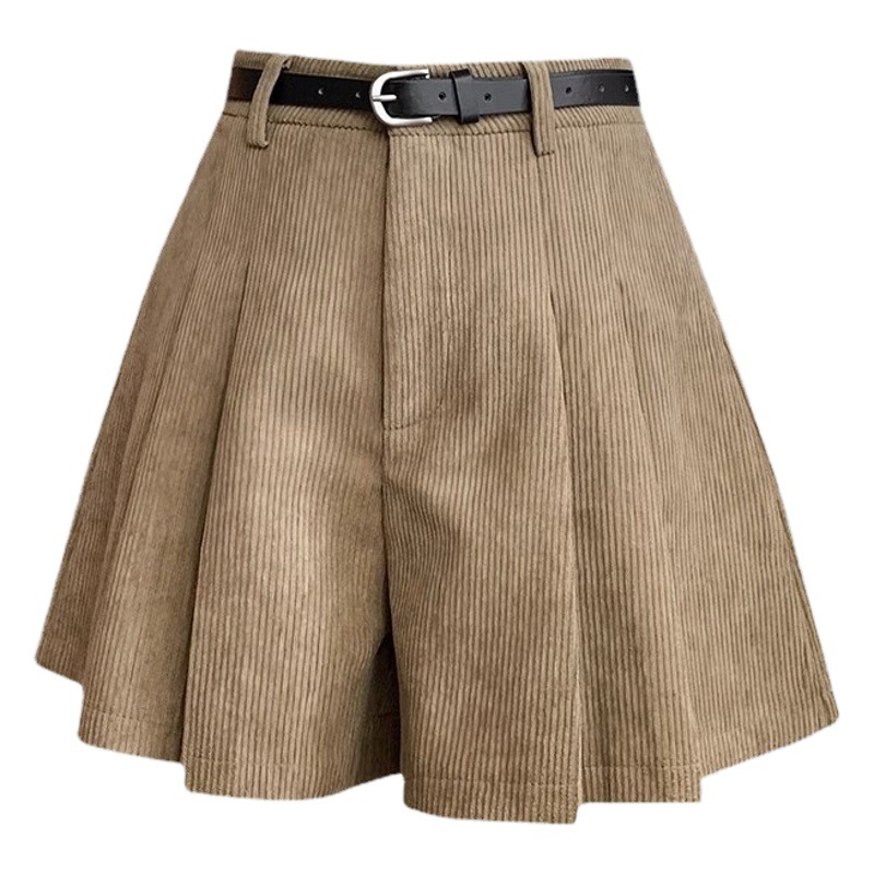 Corduroy woolen pleated skirt pants for women autumn and winter 2024 New High waist slimming shorts simple all-match A- line pants
