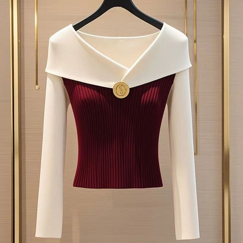 Picture of Korean Chic Burgundy Knitted Sweater for Women 2025 Autumn and Winter New Style Foreign Style and Chic Inner Bottoming Top
