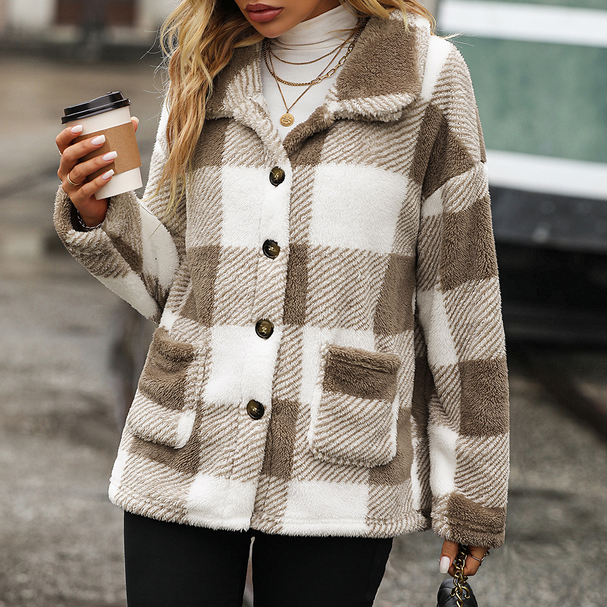 Picture of Flash velvet European and American fashion autumn and winter women's lapel long sleeve long plaid single breasted double-sided velvet casual coat
