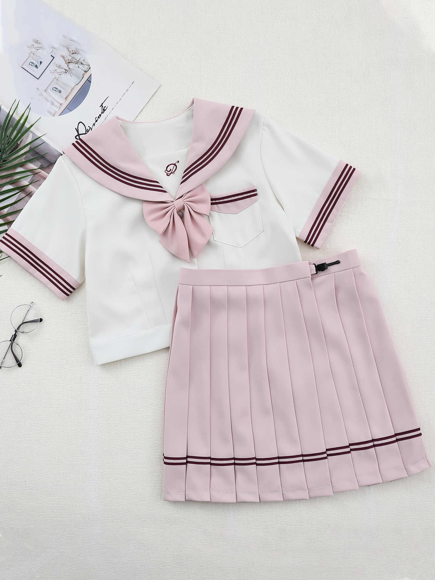 [White Peach] Anna Premium JK Uniform Original Sailor Uniform Pink Pure Style Versatile School Pleated Skirt for Girls