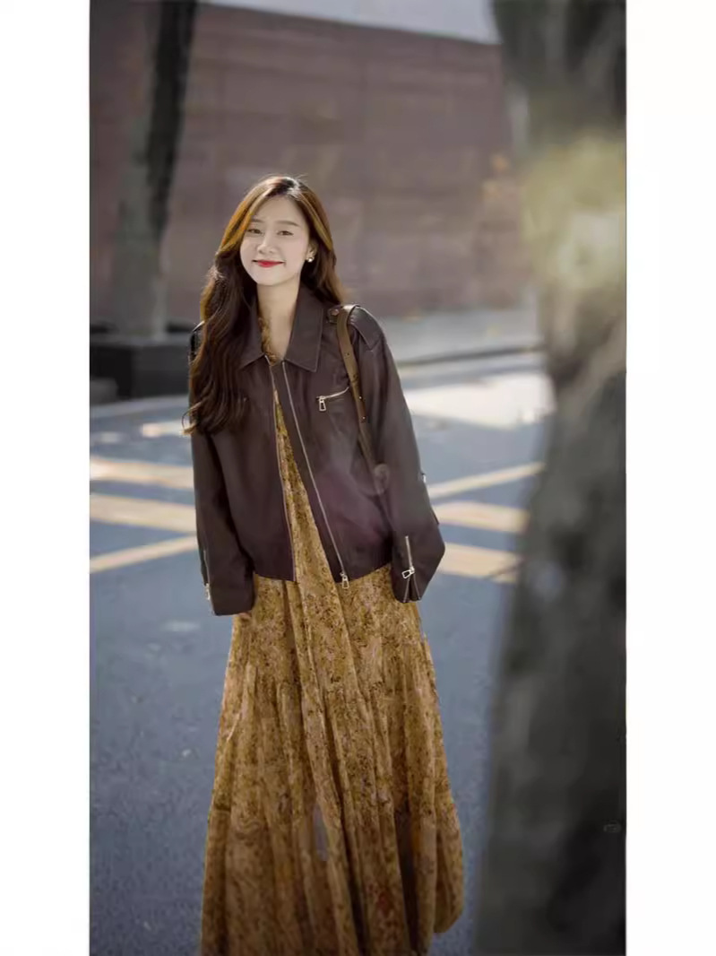 Early autumn wear a set of high-end feeling leather coat long sleeve floral dress commuter two-piece suit for women
