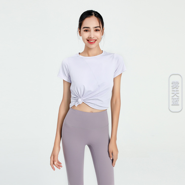 Picture of Big Sale Summer Loose Fitness Sports Short-Sleeved Women's T-Shirt European and American Pure Color Quick-Drying Asymmetrical Yoga Top Cover-Up