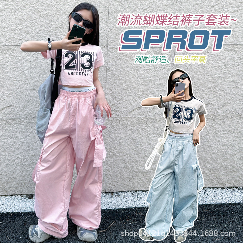 Girls' Pants 2025 Summer Thin Fashionable Loose Casual Hip-hop Wide-leg Pants Large Children's Bow Overalls