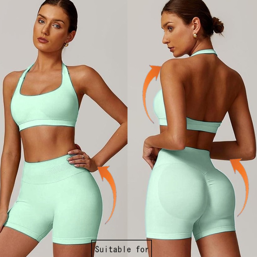 European and American Seamless Yoga Backless Halter Sports Fitness Beauty Back Shaping Anti-Exposure Butt-Lifting Bra and Shorts Set