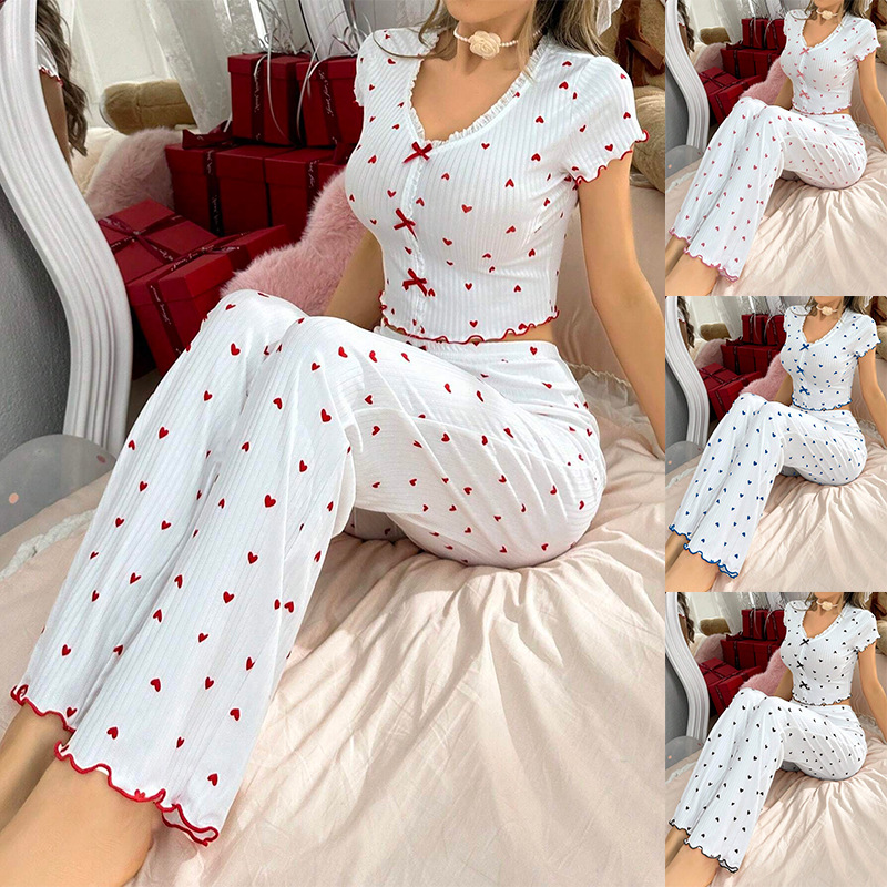 European and American Cross-Border Best-Selling Home Clothes Printed Heart V Neck Short-Sleeved Pants Suit Can Be Worn Outside Two-Piece Pajamas for Women
