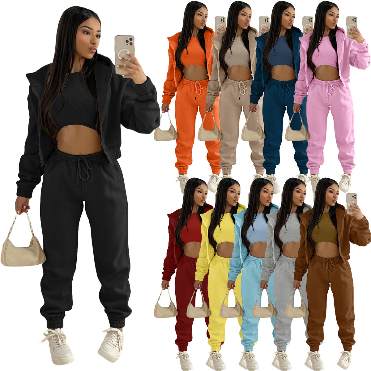 European and American women's cross-border supply fleece-lined clothing hooded sports and leisure suit (three-piece set)