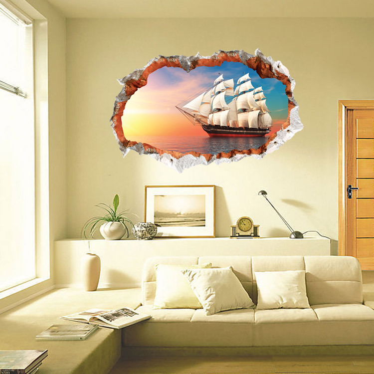 Picture of Clearance Wall Stickers Fashion 3d Sailing Decorative Stickers Personalized Bedroom Living Room Broken Wall Background Removable Wall Stickers
