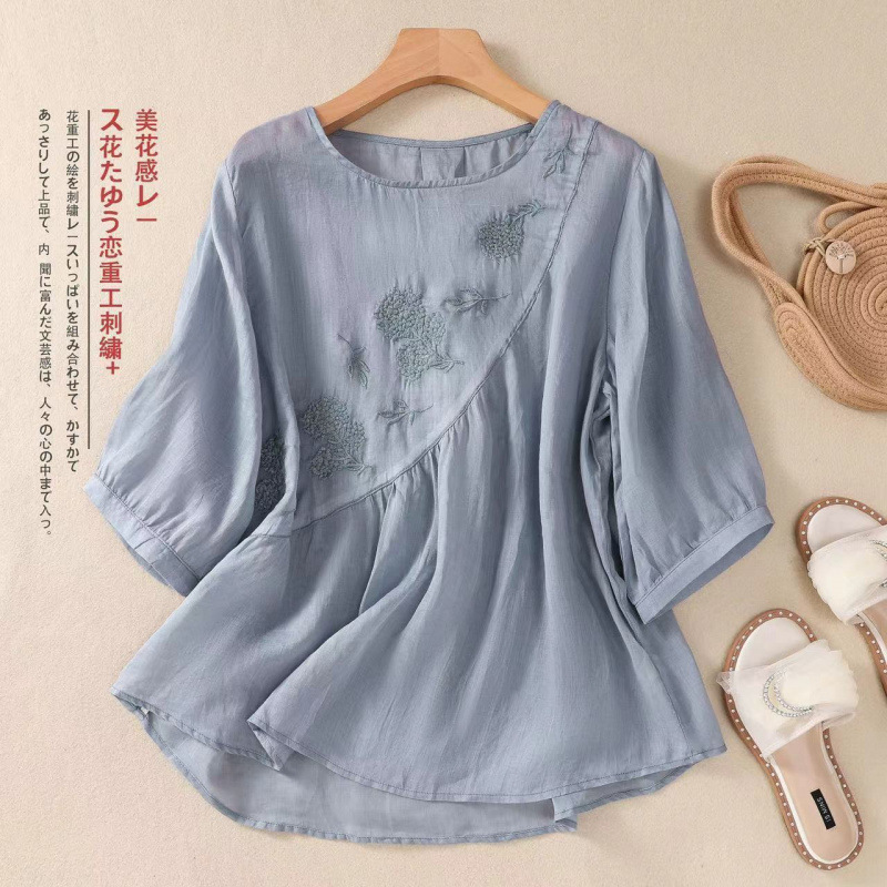 Vintage Thin Loose Artistic Seven-point Sleeve Embroidered 2025 Cotton and Linen Shirt Round Neck Summer New T-Shirt Slimming