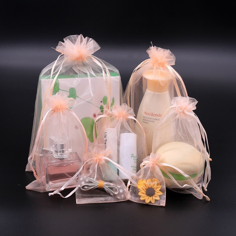 in stock Champagne Color Mesh Bag Drawstring Storage Bag Organza Candy Bag Transparent Gift Jewelry Mesh Bag