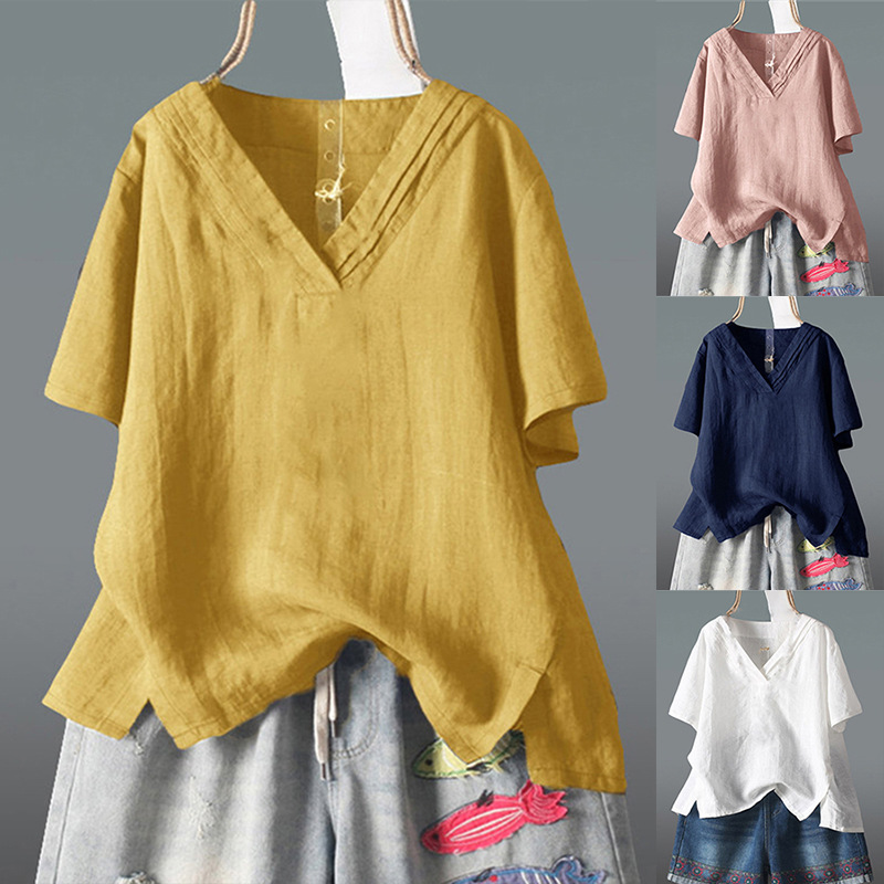 Amazon Cross-border Spring and Summer plus size Loose chubby girl Solid Color Short-sleeved V-neck Split Irregular Cotton and Linen T-shirt Top