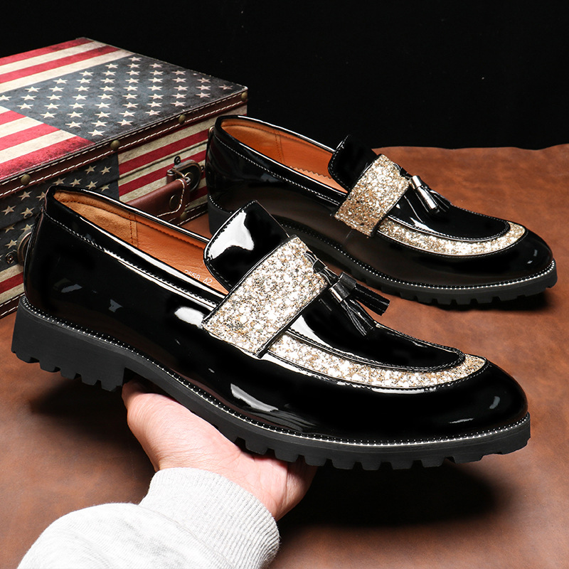 2558 Loafers Cross-Border Large Size 45 New Pointed Leather Shoes Men's Trendyy Sequined British Tassel Loafers