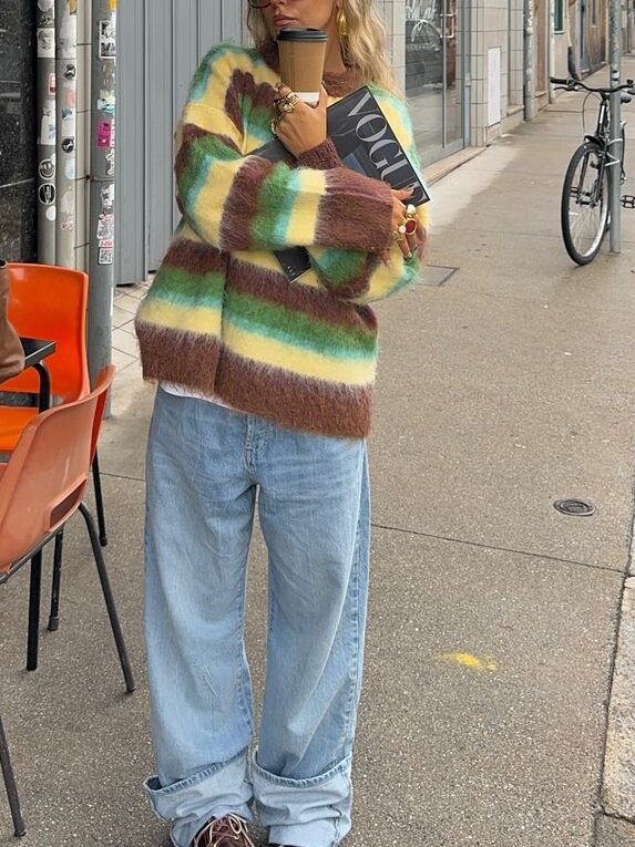 Picture of Spot European and American Cross-Border 2024 Women's Autumn and Winter New Colorful Round Neck Stripesd Knitted Sweater Fashionable Loose Lazy Style