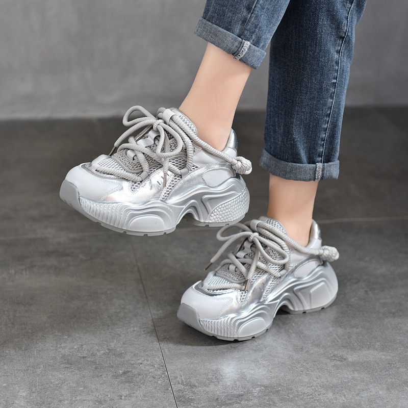 2025 Spring New Genuine Leather Thick-soled Torre Shoes Women's Lightweight Sports Casual Women's Shoes Low-top Single-layer Shoes Trendy Mesh Shoes