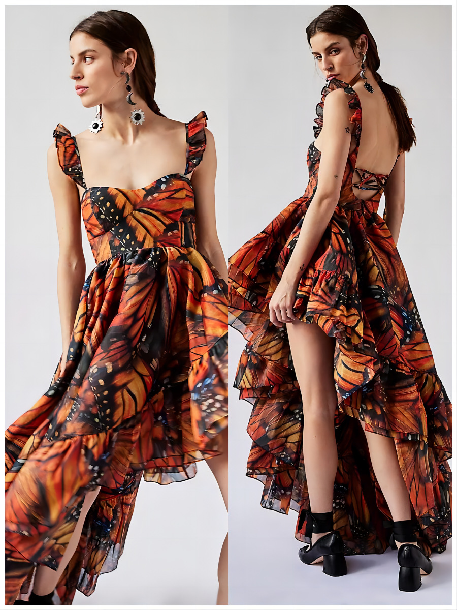 2024 Summer Cross-border Hot Sling Mid-length Dress Digital Butterfly Print European and American Fashion Big Swing Dress dress