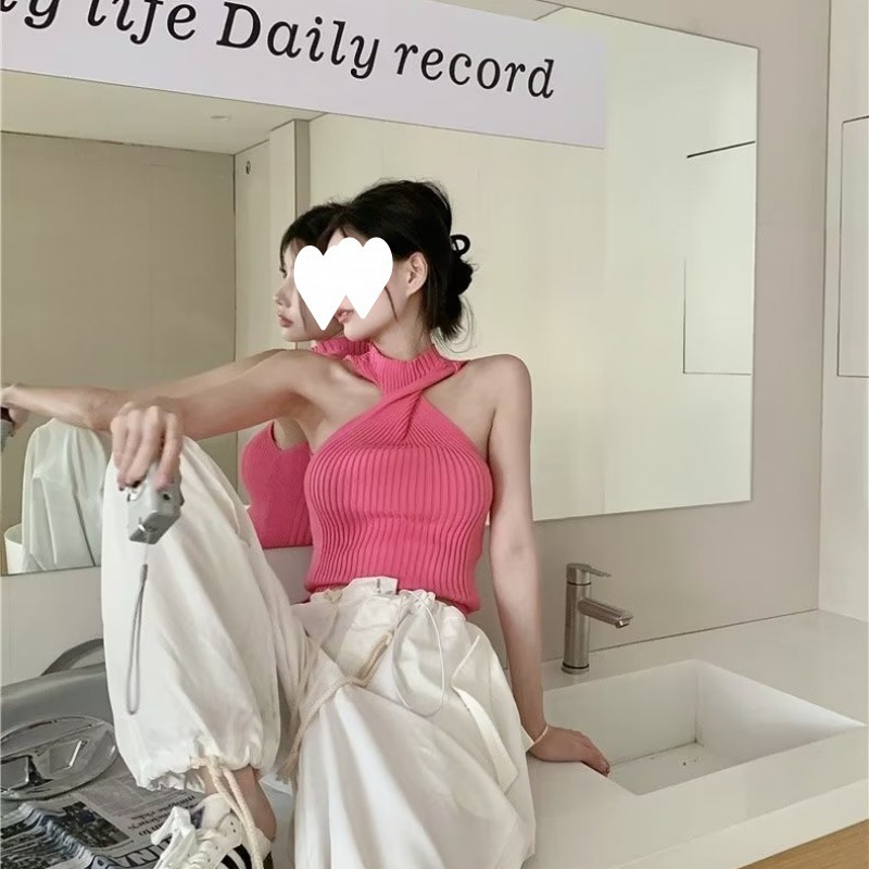 Pure Sexy Sweet Hot Girl High Waist Navel Short Top Design Sense Off-shoulder Knitted Vest for Women Summer Wear