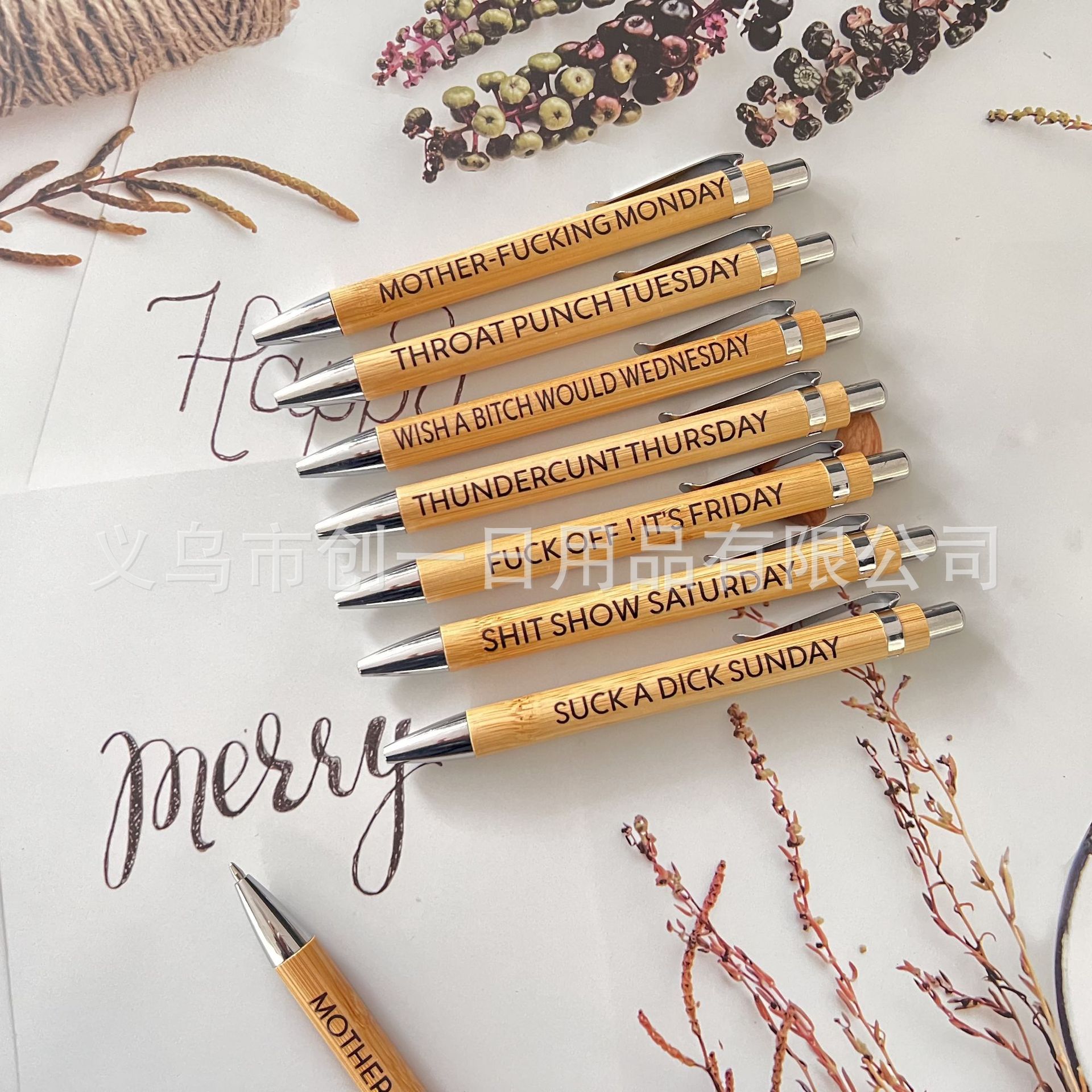 7PCs funny pens week pen new 7 Bamboo Pen Press ball point pen wood grain pen
