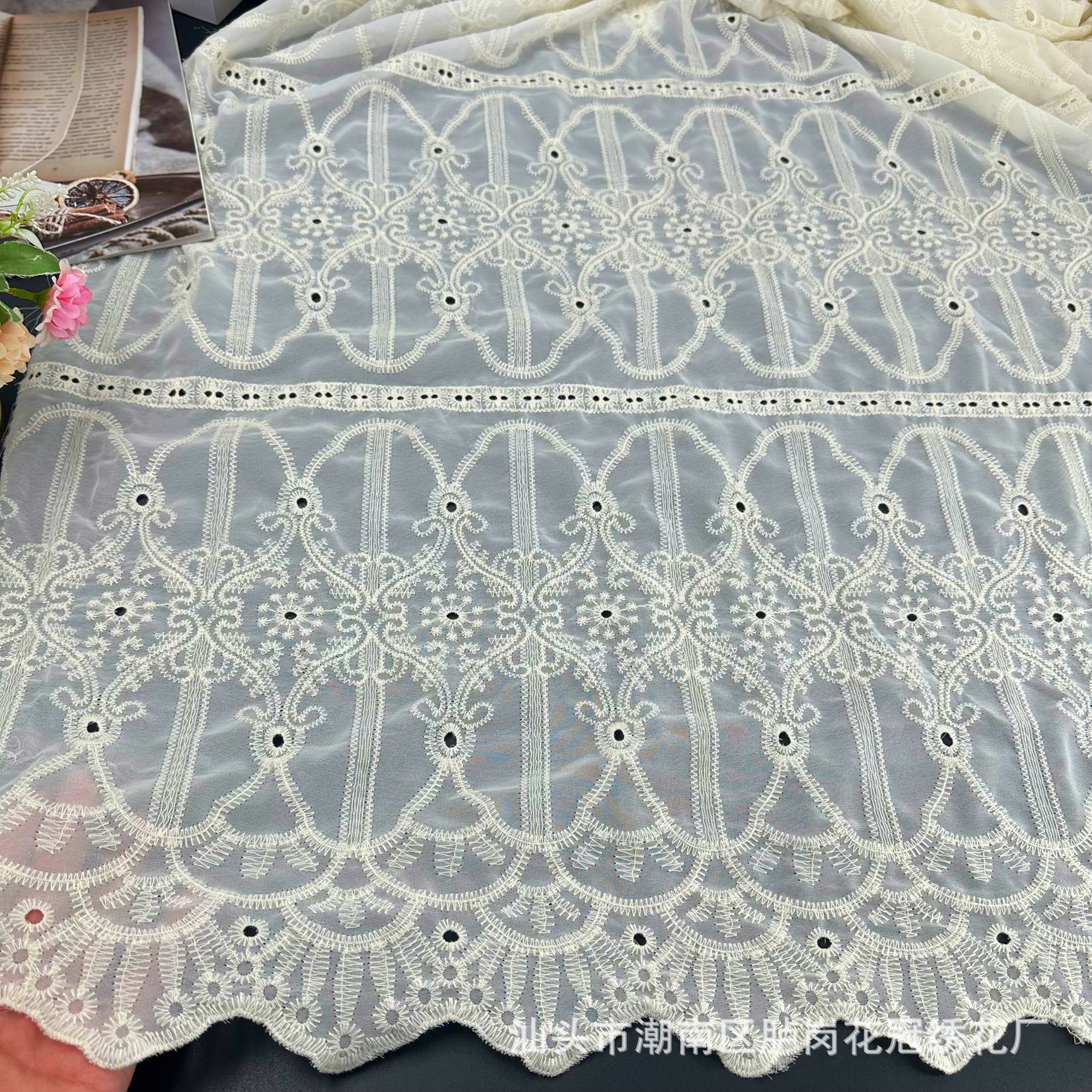 Wholesale lace cut-out embroidery fabric women's dress water-soluble mesh yarn cotton thread perforated chiffon cut-out embroidery fabric