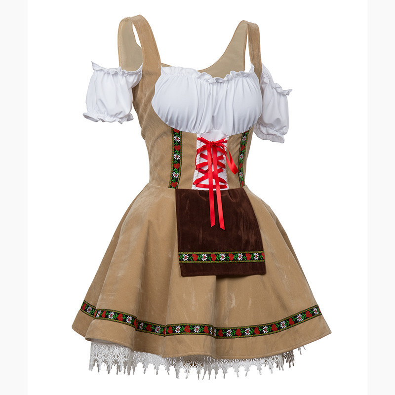 Picture of 7530# German Oktoberfest Beer Girl Uniform Khaki Shoulder Dress Halloween Maid Dress