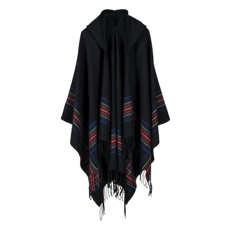 European and American Women's Thickened Color Strip Cashmere Jacquard Shawl Can Wear Warm and Long Fashion Cloak with Hood