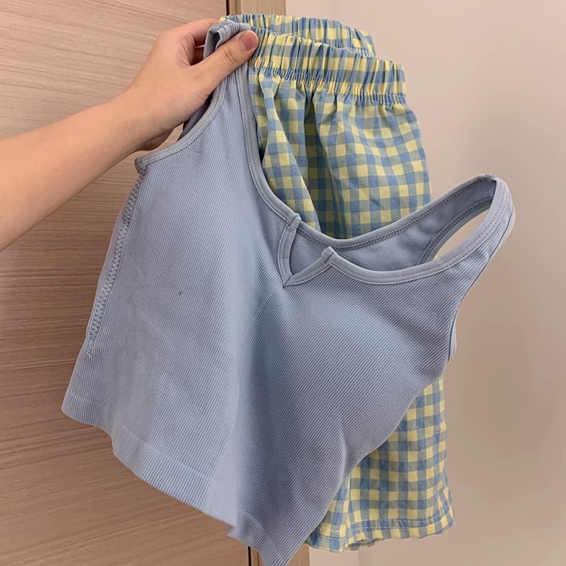 Ins Style Plaid Sling Pajamas Women's Summer Vest with Chest Pad Shorts Two-Piece Set Summer Outfit Home Clothes