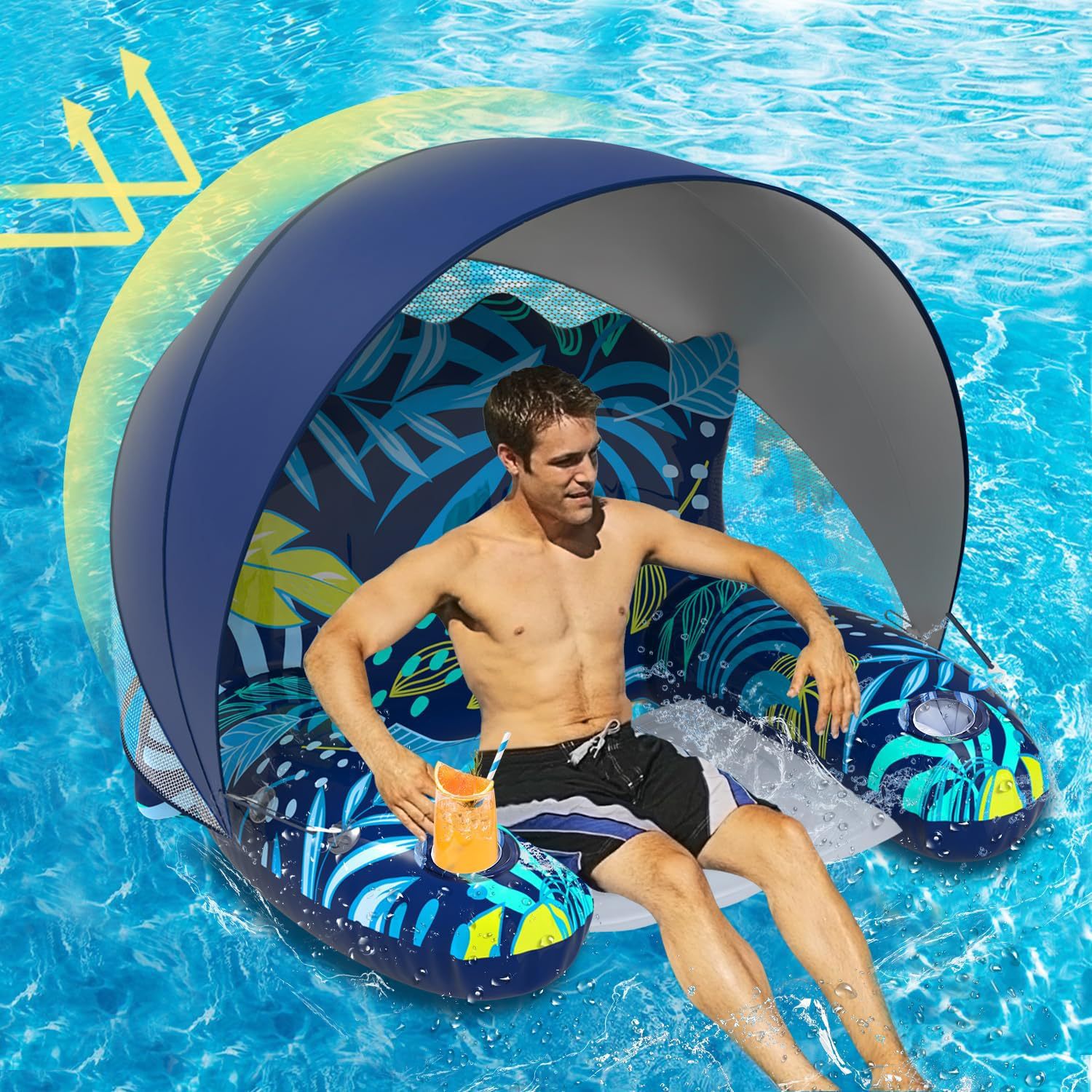 Picture of Inflatable Tanning Pool Spray Water Toy Double Lounge Chair Baby Sunshade Seat Water Slide Adult Floating Lounger