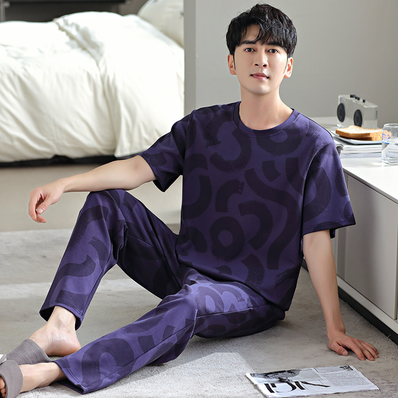 2023 New Pajamas Men's Summer Short-sleeved Trousers Cotton Crewneck Pullover Cotton Home Clothes Simple Suit