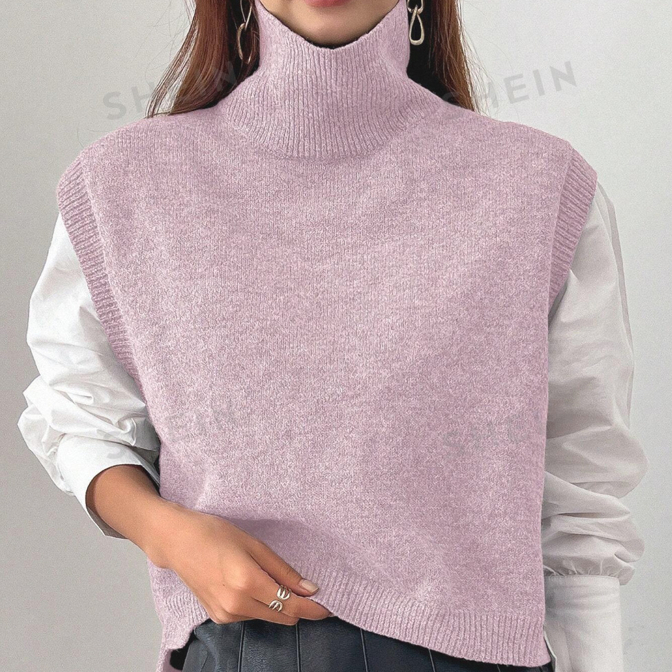 Picture of High-Neck Knitted Vest for Women, Korean Style, Loose Casual Sleeveless Sweater, Outerwear Layering Vest, Wool Blend