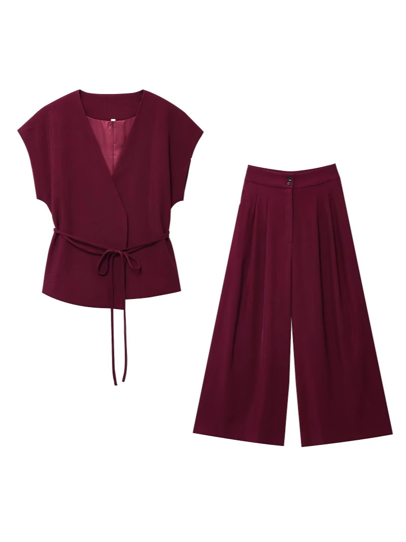 European and American Cross-border Women's 2025 Summer New Fashion Retro Waist Design Cardigan Top Wide Leg Pants suit