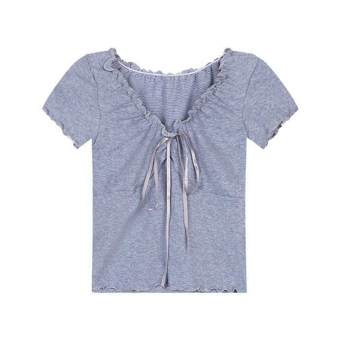 Picture of Muffled Short-sleeved T-shirt Women's 2024 New Summer Sweet and Spicy Bow Design Sense Slim-fit Short Strap Top
