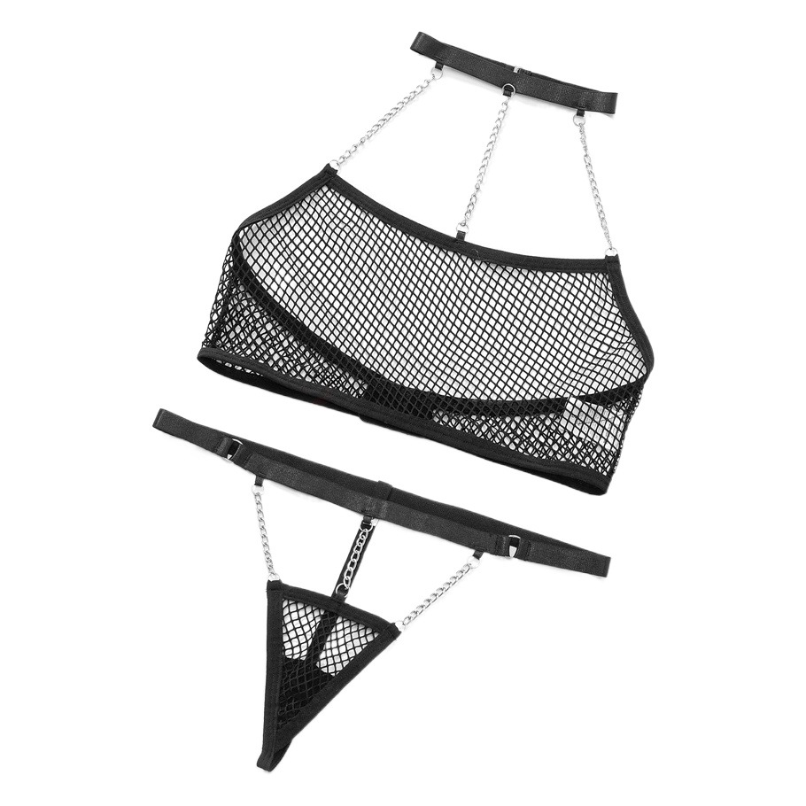 Amazon AliExpress European and American size sexy women's mesh metal chain underwear bra sexy suit 1012