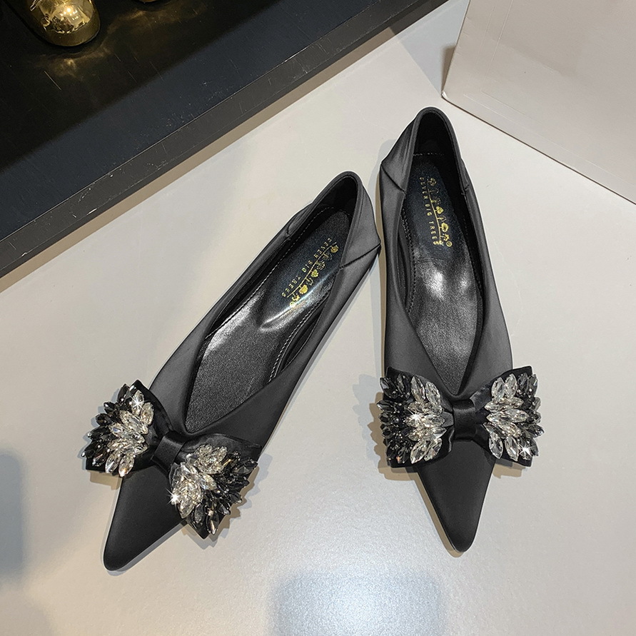 2873-h3 European and American banquet light luxury flat heel women's shoes flat shoes satin shallow mouth pointed rhinestone bow single-layer shoes