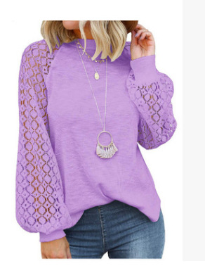 Picture of 2025 New Women's Clothing Amazon Cross-Border Round Neck Long Sleeve Lace Patchwork Loose Top for Women